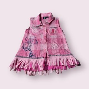 Girls Disney Pixar Toy Story 4 Jessie Cowgirl Pink Plaid Rhinestone Fringe Tank